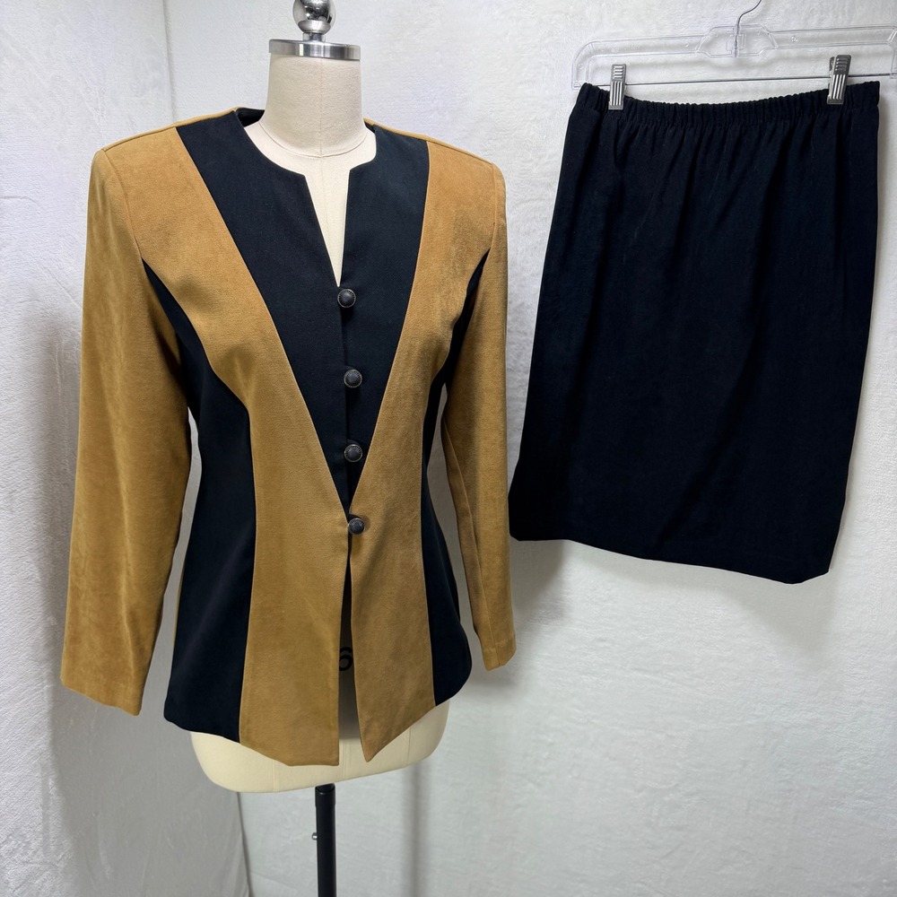 DJ Summers VTG Tan Black Colorblock Faux Suede Skirt Suit Set Padded Shoulders